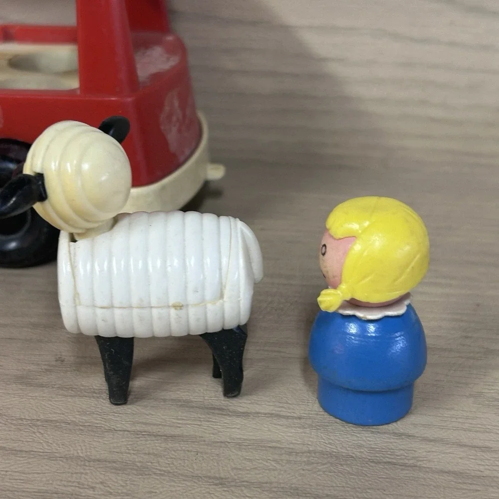 Classic Vtg Fisher Price Little People Car Mini-Bus Wood Girl Lamb 4 Piece Lot